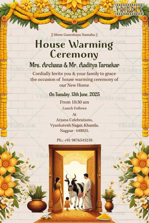 Yellow Floral Theme Housewarming Invitation Card with Traditional Family Illustration Background – SeeMyMarriage House Ceremony Invitation Card, House Warming Invitations Background, Home Ceremony Invitation Card, House Warming Ceremony Invitation, Wedding Card With Photo, Housewarming Invitation Cards, Baat Pakki, Housewarming Sign, Indian Invitation