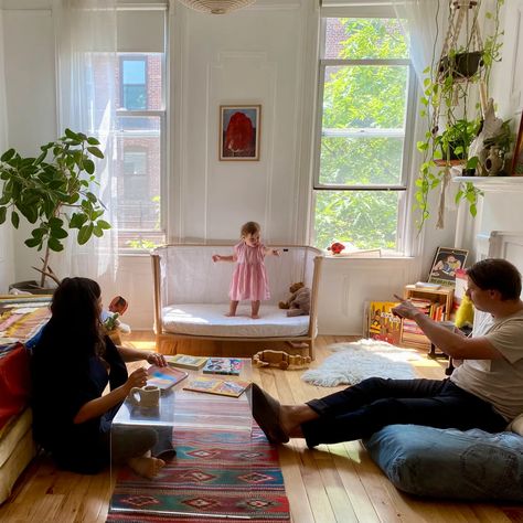 Cozy Playroom Family Rooms, Living Room Children Friendly, Long Apartment Living Room, Living Room Two Windows, Shared Living Room Playroom, Kids Room At Grandmas House, Sharing Room With Kids And Parents, Small Home With Kids, Small Apartment With Baby