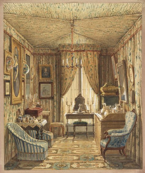 Drawing, "Interior of a Dressing Room with Tented Ceiling", 1848http://collection.cooperhewitt.org/ Victorian Rooms, Tent Room, Victorian Room, Victorian Interiors, Interior Paintings, Interior Illustration, Interior Rendering, Vintage Interiors, Interior Art