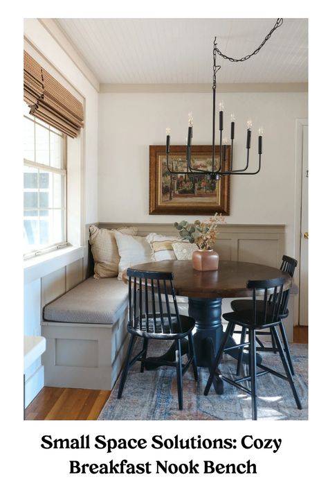 Cozy breakfast nook with a built-in bench, round table, black chairs, and a modern chandelier. Breakfast Nook Round Table And Chairs, Eat In Kitchen Nook Corner Bench, Boho Breakfast Nook Corner, Bench Seat Round Table, Small Morning Room Off Kitchen Ideas, Round Table Corner Bench, Breakfast Nook And Living Room Combo, Corner Eating Nook, Cafe Nook In Kitchen