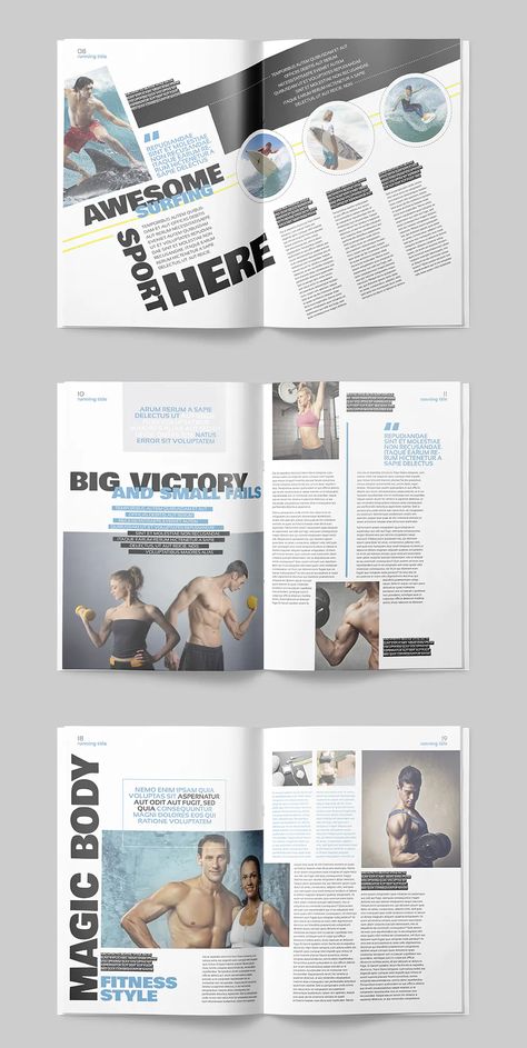 Professional and Clean Sport Magazine Template. 25 Unique Pages Sports Editorial Layout, Fitness Magazine Layout, Sport Magazine Layout Design, Sports Illustrated Magazine Layout, Unique Magazine Layout, Magazine Sport Design, Sport Layout Design, Sports Magazine Layout Design, Sport Magazine Design