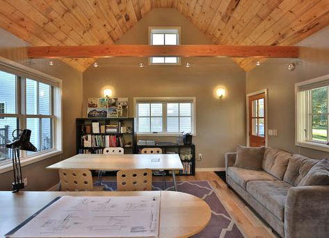 Bonus Room With Pine Wood Ceiling | Wood Ceiling Ideas (Photo: Kevin Browne Architecture | Jack Michaud Photography) Wood Ceiling Bedroom, Knotty Pine Ceiling, Pine Ceiling, Transitional Home Office, Vaulted Ceiling Living Room, Tan Walls, Off White Walls, Wood Ceiling, Dark Wood Floors