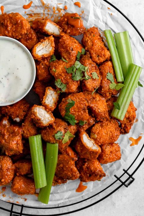 Made in the oven or the air fryer, these Baked Buffalo Chicken Nuggets are so easy to make and so delicious! All you need is 4 ingredients. These healthy buffalo chicken bites are naturally dairy-free, easily gluten free, and ready in 30 minutes. Buffalo Chicken Bites Baked, Chicken Bites Oven, Buffalo Chicken Nuggets, Buffalo Chicken Bites, Buffalo Recipe, Superbowl Game, Homemade Chicken Nuggets, Baked Buffalo Chicken, Homemade Buffalo Sauce