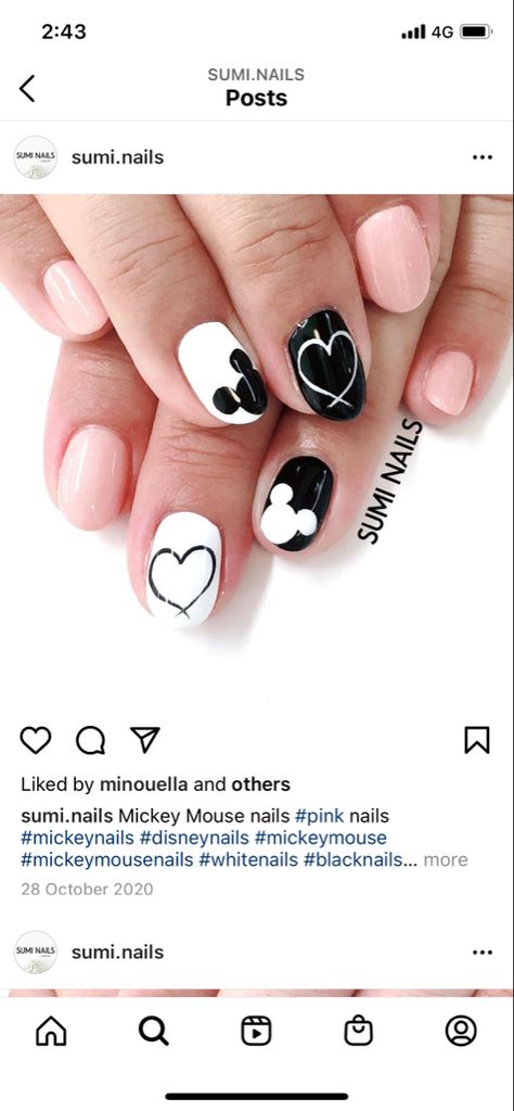 Black And White Mickey Nails, Black Disney Nails, Disney Nails Pink, Simple Disney Nails, Disney Manicure, Disney World Nails, Disney Themed Nails, Mickey Mouse Nail Art, Disney Nail Designs