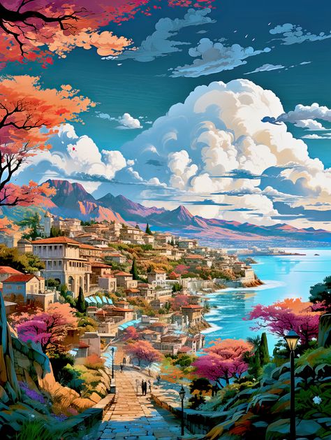 Fantasy Mediterranean City, City View Illustration, Athens Wallpaper, City Landscape Illustration, Mediterranean City, Athens City, Music Bar, City By The Sea, Sea Illustration