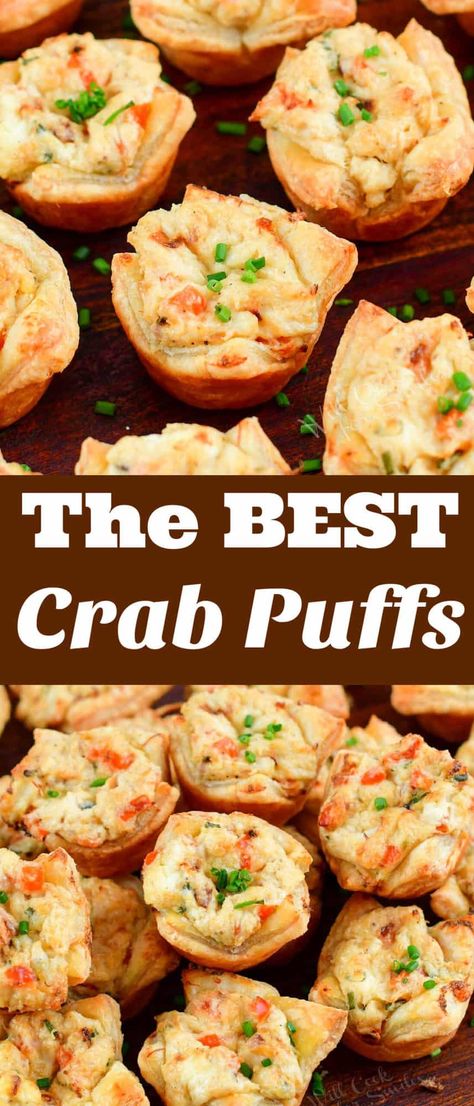 These homemade Crab Puffs are absolutely addicting, filled with an unbelievably delicious creamy crab mixture that’s made with lump crab meat, like cream cheese, parmesan cheese, veggies, and SO much more. Puff Pastry Crab Rangoon, Creamy Crab Snacks, Crab Puffs Recipe Cream Cheese Wontons, Lump Crab Appetizer, Crab Filling Recipe, Things To Make With Crab Meat, Crab Puff Pastry Appetizers, Appetizers With Crab Meat, Crab Appetizers For Party