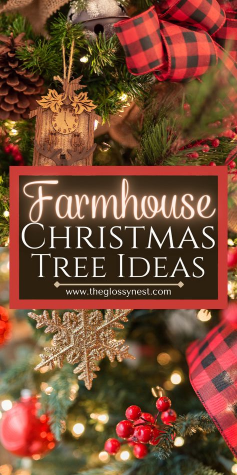 farmhouse christmas tree ornaments, buffalo check plaid ribbon, snowflake, berries, pine cones, lights Navy Buffalo Check Living Room, Simple Rustic Christmas Tree Decorations, Farmhouse Plaid Christmas Tree, Farmhouse Christmas Tree With Ribbon, Christmas Tree Farmhouse Theme, Traditional Rustic Christmas Tree, Black And Red Plaid Christmas Decor Living Room, Christmas Garland Ideas For Tree, Country Garland Ideas Rustic