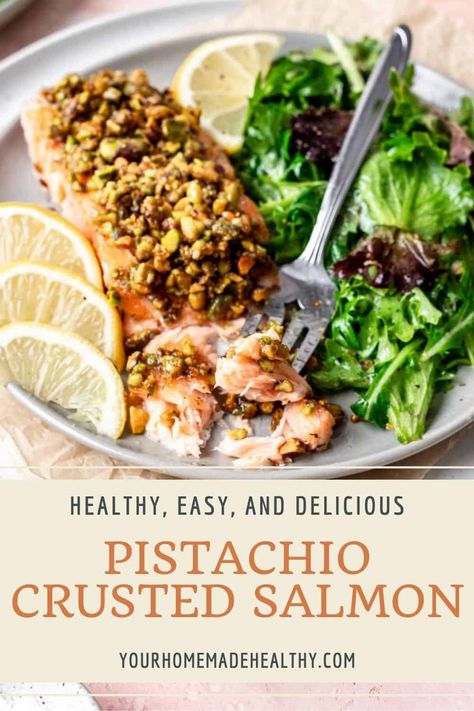 This Slow Roasted Pistachio Crusted Salmon is one of my favorite oven baked fish dishes. It's light, healthy, and crusted with a sweet and salty pistachio topping. All you need is 10 minutes of prep, making this recipe easy enough for those busy weeknights. Peanut Crusted Salmon, Pistachio Salmon Baked, Pistachio Crusted Mahi Mahi, Pistachio Encrusted Salmon Recipe, Salmon With Pistachio Crust, Pistachio Salmon Recipes, Pistachio Crusted Salmon Recipes, Crusted Salmon Recipes Baked, Pistachio Crusted Fish