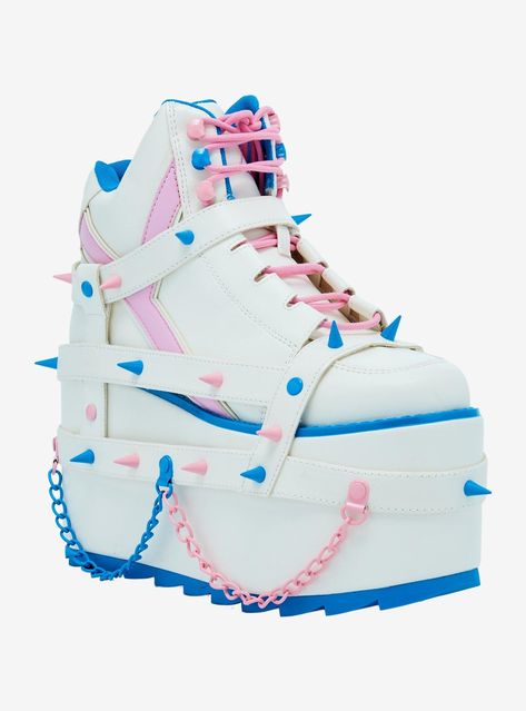 <div>These platform sneakers are perfect for baddies who like to feel cute! They feature strappy buckles and pastel blue and pink spike detailing throughout. Plus  chain accents on the platforms.<div><div><b><br><b><div><div><b>Listed in women's sizes.<b><br><ul><li>Heel: 4"" <li><li>Platform: 3''<li><li>Polyurethane upper; EVA sole<li><li>Imported<l Rottmnt Oc, Alt Shoes, Goth Shoes, Painting References, White Pastel, Kawaii Shoes, Oc Ideas, Style Aesthetic, Drawing Clothes