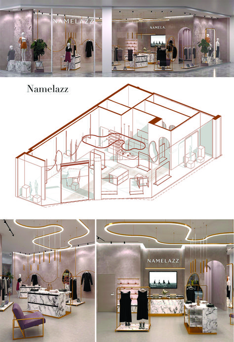 Concept Store "Namelazz" design project Retail Store Ceiling Design, Interior Fashion Store, Fashion Outlet Interior Store Design, Poster Interior Design Project, Clothing Store Plan, Departmental Store Design, Store Layout Ideas Retail, Boutique Floor Plan Store Layout, Architectural Models Conceptual