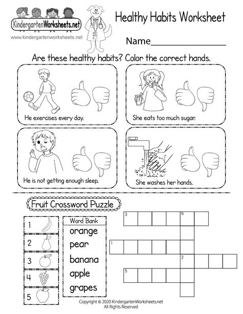 Are these healthy habits? In this free health worksheet, kids have determine what habits are good for everyday health. There is also a fruit crossword puzzle that can reinforce healthy eating habits. Healthy Habits Activities, Healthy Habits For Kids, Health Worksheets, Health Teacher, Worksheet For Kids, Free Kindergarten Worksheets, Health Activities, Learning Worksheets, Educational Activities For Kids