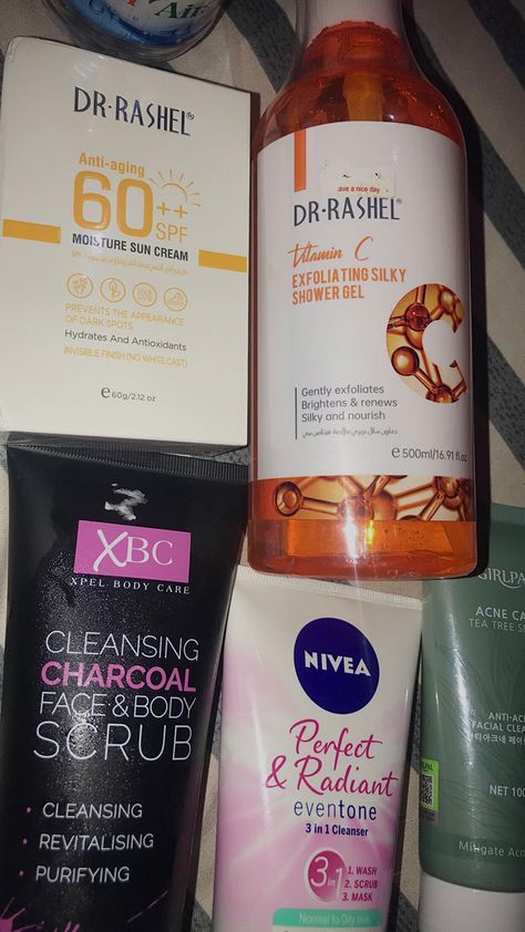 Dr. Rashel Sun Screen and Shower Gel, Nivea Face Scrub, XBC Cleansing charcoal face abd body wash Dr Rashel, Sun Screen, Bridal Mehendi, Bridal Mehendi Designs, Sun Cream, Mehendi Designs, Face Scrub, Body Skin, Body Skin Care