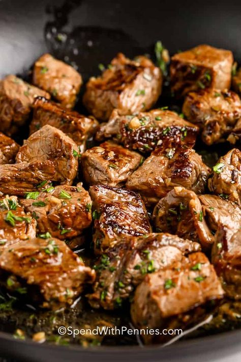 Garlic butter steak bites taste great as an appetizer or even as an entrée. Kids and adults love them and they're perfect for dipping! #spendwithpennies #steakbites #recipe #appetizer #garlicbutter #tender #best #easy #marinated #keto Crockpot Beef Tips, Beef Tips Recipe, Air Fryer Steak Bites, Garlic Butter Steak Bites, Butter Steak Bites, Steak Bites Recipe, Garlic Steak, Air Fryer Steak, Butter Steak