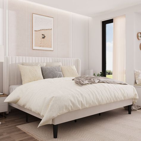 White Queen Bed, Tufted Upholstered Bed, Wingback Bed, Wingback Headboard, Upholstered Bed Frame, Mattress Springs, Upholstered Platform Bed, Bedroom Styles, Upholstered Beds