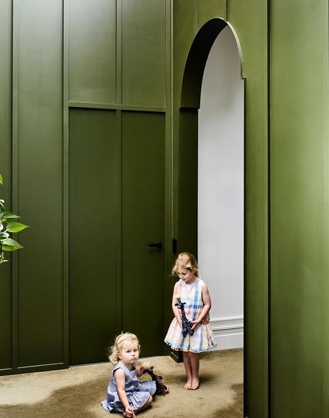 There's play space galore for Isobel (left), Amelia and their sisters in this delightfully revamped home. A strapped dado wall, painted Bristol Shadowy Evergreen, defines the  new extension. SuperTuft Escape Velour carpet in Chase helps reduce noise. Dado Wall, Coloured Carpet, Carpet Wall To Wall, Byron Bay Beach, Danish House, Apartment Chic, Mediterranean Style Homes, Cottage Renovation, Melbourne House