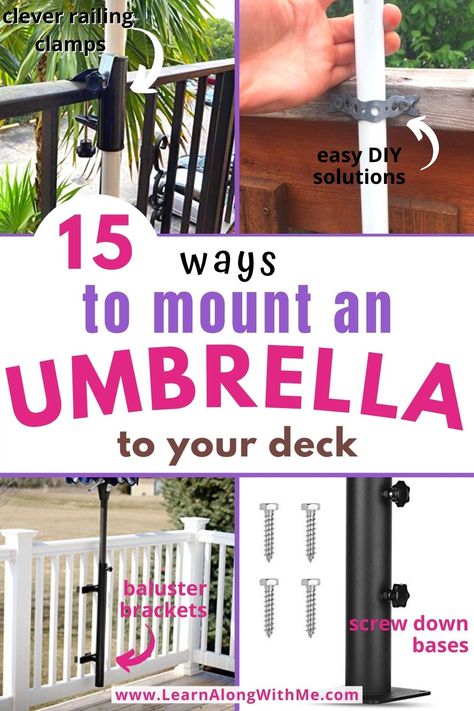 Umbrella deck mount ideas to help secure your umbrella on your deck...keep it in place.  These umbrella mount for deck ideas will help stabilize your umbrella when the wind picks up. Though it is still recommended to put down  and take down your umbrella in higher winds to avoid having a flyaway umbrella. Porch Umbrella Ideas, Dock Umbrella Ideas, Umbrella On Deck, 2023 Deck Ideas, Pool Umbrella Ideas Outdoor Patios, Pool Deck Umbrella Ideas, Half Umbrella Patio Ideas, Garden Umbrella Ideas Patio, Balcony Umbrella Ideas