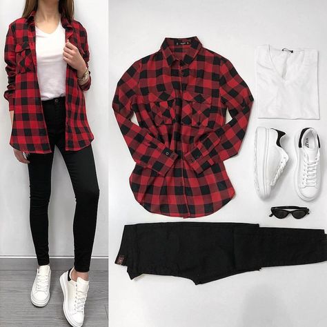 Red Checkered Shirt Outfit, Red And Black Flannel Outfit, Checkered Shirt Outfit Women, Red Flannel Shirt Outfit, Red Checked Shirt Outfit, Outfit Vestido Rojo, Checkered Shirt Outfit, Checked Shirt Outfit, Flannel Shirt Outfit