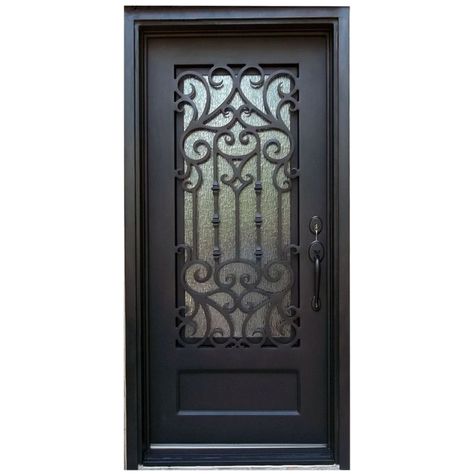 Wrought Iron Door Inserts, Wrought Iron Glass Door, Exterior Front Door Colors, Single Glass Door, Iron Front Door, Single Door Design, House Products, Home Exterior Makeover, Wrought Iron Fences