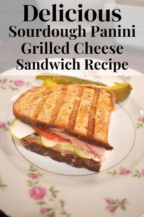 This easy-to-follow recipe for Sourdough Panini Grilled Cheese Sandwich is the perfect combination of tangy sourdough bread, gooey Gouda cheese, and fresh ingredients like deli ham, sliced apples, and vine-picked tomatoes. The cracked peppercorn and course salt add the perfect seasoning to this mouth-watering sandwich. Make it for a hearty breakfast, lunch, or dinner and enjoy the delicious flavors! Sourdough Panini, Grilled Cheese Panini, Grilled Cheese Sandwich Recipe, Cheese Panini, Cheese Sandwich Recipe, Sourdough Bread Sandwiches, Panini Sandwich, Grill Cheese Sandwich Recipes, Smoked Gouda Cheese