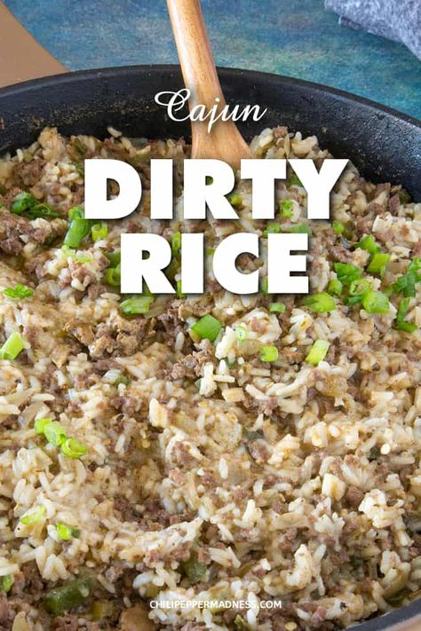 Dirty Rice - This dirty rice recipe is classic Cajun cuisine, essentially white rice that gets "dirty" from bits of chicken, beef or pork. #Cajun #SideDish via @jalapenomadness Chicken And Dirty Rice Recipe, Chicken And Dirty Rice, Louisiana Rice, Rice Dressing Recipe, Pierogi Filling, Cajun Dirty Rice, Justin Wilson, Louisiana Dishes, Cajun Rice