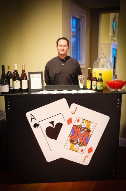 Bar ideas - as well as standard beer, wine, soft drink - also punch on tap and a signature cocktail! Birthday Poster Board, 007 Casino Royale, Casino Night Fundraiser, Casino Birthday Party, Vegas Theme Party, Las Vegas Party, Casino Party Decorations, Casino Decorations, Casino Birthday