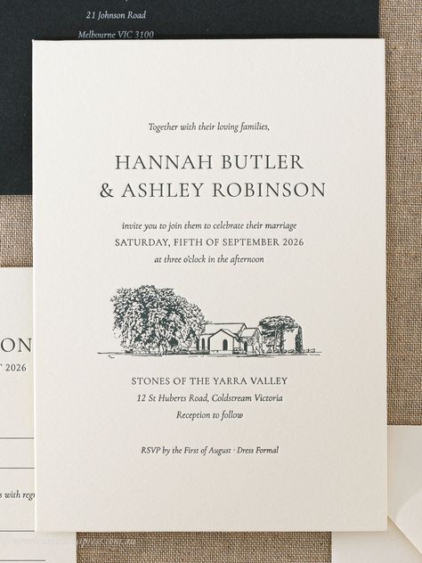 Old English Wedding Invitations, Wedding Invitation Cards Illustration, Basic Wedding Invitations, Wedding Invite Venue Sketch, Wedding Invitations With Illustration, Wedding Invite With Illustration, Estate Wedding Invitations, Green Letterpress Wedding Invitations, Wedding Invite Venue Illustration