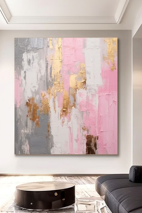 Original handmade abstract painting with textured pink, gold, and gray tones on canvas, showcasing bold brushstrokes and shimmering accents Pink And Gray Painting Ideas, Pink And Gold Abstract Painting, White Paintings, Gold Abstract Painting, Grey Painting, Pink Painting, Gray Tones, Textured Canvas, Handmade Artwork