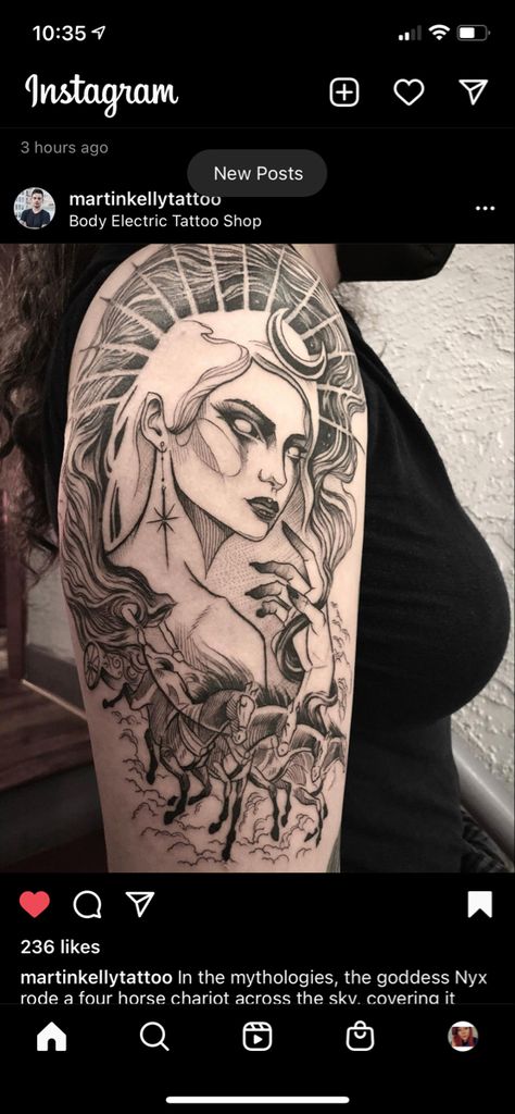 Melinoe Goddess Tattoo, Goddess Of Night Tattoo, Nyx Tattoo Goddesses, Nyx Goddess Tattoo, Nyx Tattoo, Body Electric Tattoo, Dark Goddesses, Primordial Goddess, Greek Goddess Tattoo