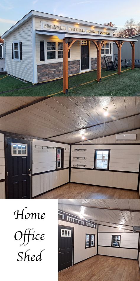 Seperate your work life from your home life with a custom home office shed. We can build the perfect work space for you to increase your work production and eliminate distractions! She Shed Shop Ideas, Outside Office Shed, She Shed Ideas Offices, Add On Office To House, She Shed Ideas For Small Business, Shed To Office Conversion Interior, Storage Shed Office, Small Business Shed Ideas, Small Office Shed