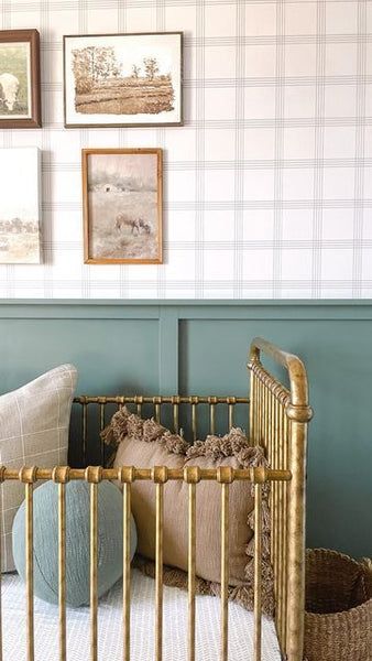 Farmhouse Neutral Nursery, Gender Neutral Classic Nursery, Vintage Gold Crib Nursery, Country Club Nursery, Plaid Nursery Wallpaper, Plaid Boy Nursery, Plaid Wallpaper Nursery, Gender Neutral Vintage Nursery, Wooden Crib Nursery