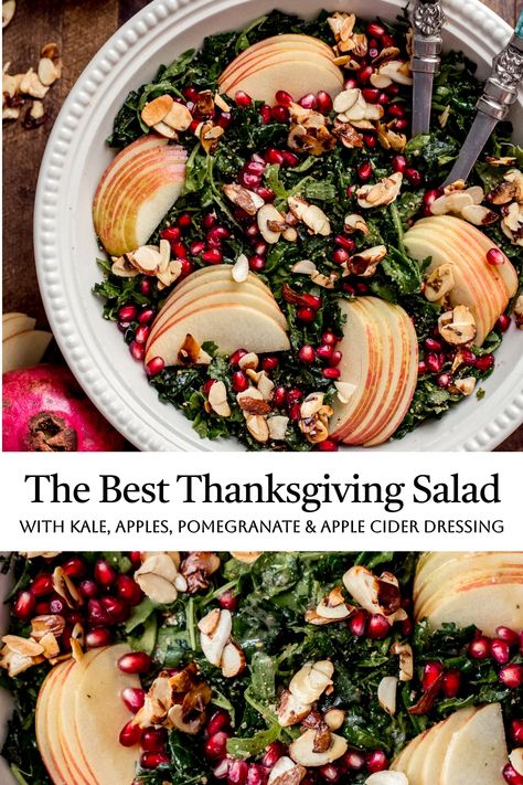 This Autumn Kale Harvest Salad brings together the best of fall's produce into a beautiful salad. It's made with thinly sliced kale, pomegranate seeds, Honeycrisp apple slices, candied almond slices, and tossed in a lusciously sweet and tangy Apple Cider Vinaigrette. It's healthy, simple, and the perfect Thanksgiving salad! Pomegranate Kale Salad, Millennial Kitchen, Macintosh Apples, Kale Apple Salad, Pomegranate Recipes Salad, Apple Cider Vinaigrette, Tuscan Kale, Honeycrisp Apple, Cider Vinaigrette