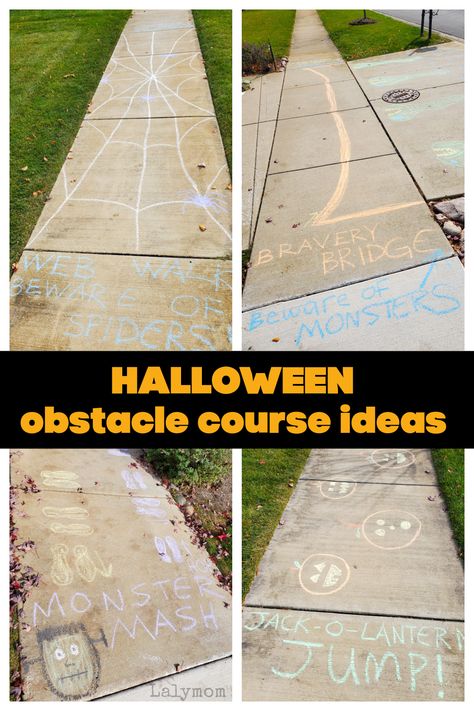 SUPER FUN Halloween Sidewalk Chalk Obstacle Course Ideas - LalyMom Kid Obstacle Course Ideas, Halloween Sidewalk Chalk Obstacle Course, Halloween Chalk Obstacle Course, Fall Obstacle Course For Kids, Halloween Sidewalk Chalk Ideas, Halloween Party Game Ideas For Kids, Halloween Sidewalk Ideas, Halloween Kids Games Ideas, Halloween Obstacle Course Kids