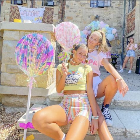 Candyland Aesthetic Outfit, Welcome To The Sweet Life Bid Day, Candy Theme Sorority, Candy Theme Bid Day, Candyland Theme Outfit, Candy Sorority Theme, Candy Bid Day Theme, Candyland Bid Day Theme, Candy Land Sorority Theme