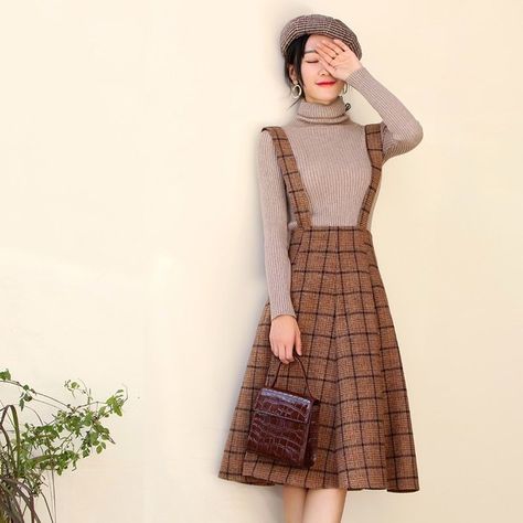 Autumn Korean Fashion, Japan Outfits, Woolen Dresses, Girls Sundress, Korean Fashion Women, Korean Fashion Trends, Mori Girl, Brown Plaid, Fashion Design Clothes