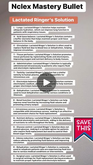 9K views · 91 reactions | ‼️Save this! Thank me later! Lactated Ringer Mastery Bullet #nurseexam#nclex #nclexstudying #nclexprep #nurselife #nursingreview #nursingquiz #nursing #fbreels23 | ACE NCLEX Nclex Prep, Acid Base Balance, Fluid And Electrolytes, Body Tissues, Thank Me Later, 10k Views, Improve Circulation, Nclex, Nurse Life