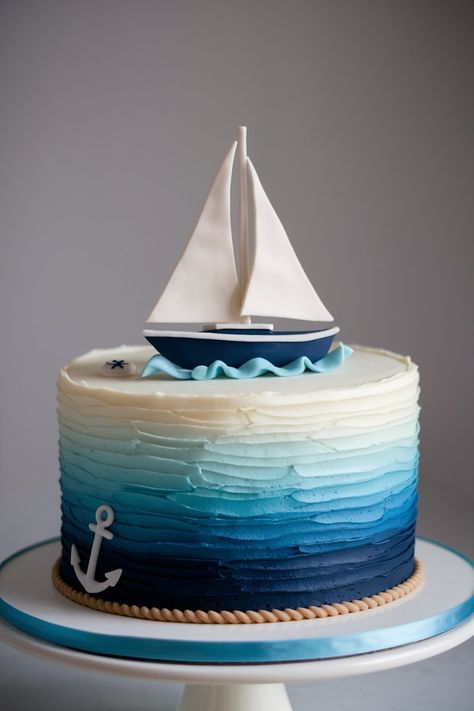 Sailboat-Themed Cake with Fondant Boat and Nautical Charm Simple Ocean Theme Cake, Sea Cake Ideas Birthday, Ship Cake Ideas, Sailor Aesthetic Sea, Birthday Cake Aesthetic Blue, Fondant Boat, Ocean Cake Ideas, 11 Birthday Cake, Boat Birthday Cake