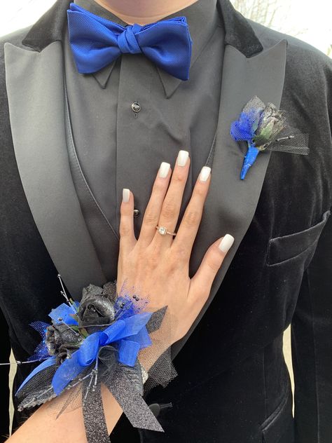 Heels With Blue Prom Dress, Butiner Prom Blue, Cobalt Blue Prom Couple, Chambalans Outfits Quince Royal Blue, Blue And Black Corsage Prom, Royal Blue Tux Prom, Black And Royal Blue Quinceanera Theme, White And Blue Chambelanes Outfits, Tux With Royal Blue Dress