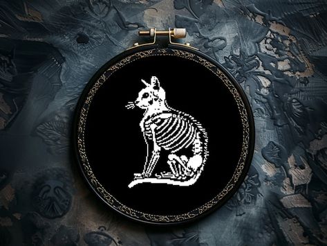 CrossStitchBay - Etsy Cross Stitch Cat Pattern Free, Labyrinth Cross Stitch, Alt Embroidery, Skeleton Cross Stitch Pattern, Skeleton Cross Stitch, Horror Cross Stitch, Gothic Cross Stitch, Cat Skeleton, Stitch Diy