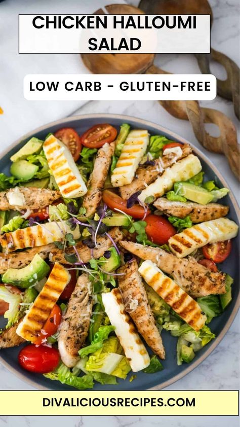 Chicken Halloumi Salad Chicken And Halloumi, Grilled Chicken Strips, Grilled Peach Salad, Grilled Chicken Tenders, Halloumi Salad, Baking With Coconut Flour, Grilled Halloumi, Chicken Slices, Peach Salad