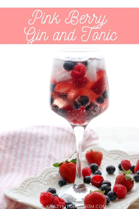 Pink Berry Gin and Tonic is a refreshing cocktail made with Pink Gin and filled with fresh strawberries, raspberries, and blueberries served over ice. Gin Tonic Recetas, Berry Gin, Pomegranate Gin, Best Gin And Tonic, Gin Fizz Cocktail, Lemon-lime Soda, Potluck Party, Scrumptious Food, Gin Drinks