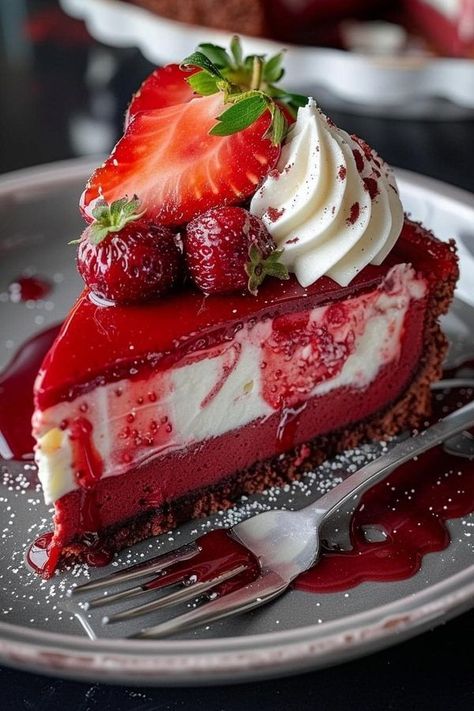 Tia Mowry🥣🍝 | Red Velvet Strawberry Cheesecake ❤️🍰🍓 | Facebook Red Velvet Strawberry, Pumpkin Dishes, Colorful Desserts, Cake Base, Red Velvet Cheesecake, Rich Desserts, Wine Desserts, Raspberry Cheesecake, Strawberry Desserts