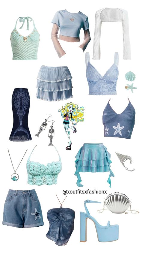 Lagoon Outfit Ideas, Chappell Roan Mermaid Theme Outfit, Lagoona Blue Costume Ideas, Mermaid Mom Outfit, Mermaid Theme Outfit Women, Lagoona Blue Fashion, Y2k Mermaid Outfit, Water Sign Outfits, Aquatic Outfit Ideas