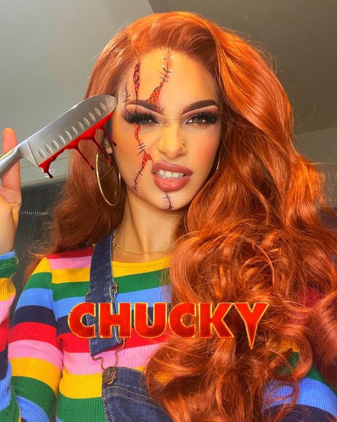 Chucky Halloween Costume Makeup, Halloween Chucky Makeup, Cute Chucky Makeup, Tiffany Halloween Makeup, Halloween Costumes Tiffany, Chucky Costume Makeup, Chucky Face Makeup, Girl Chucky Makeup, Chucky Make Up