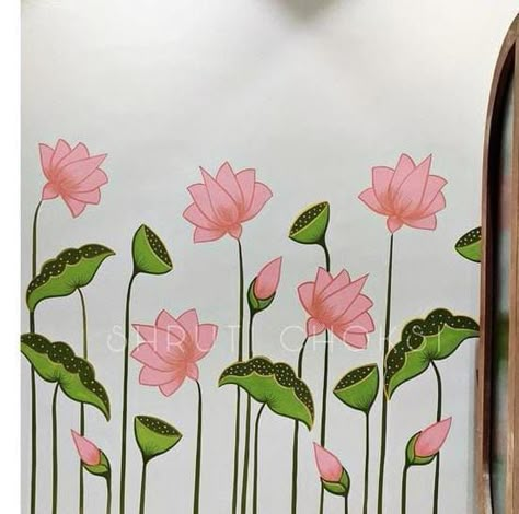 Pichwai Paintings Lotus On Wall, Pichwai On Wall, Lotus Mural Painting, Pichwai Lotus Sketch Outline, Mandir Wall Painting, Lotus Painting On Wall, Pichwai Paintings Outline, Lotus Wall Painting, Lotus Mural