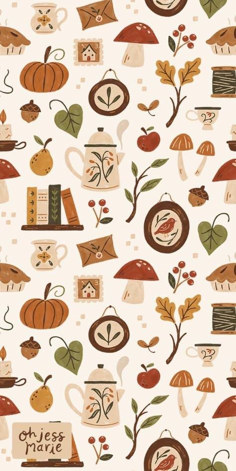 Book Pattern Wallpaper, Autumn Illustration Wallpaper, Vintage Autumn Illustration, Cute Mushroom Wallpaper, Fall Motifs, Fall Backgrounds Iphone, Cottagecore Wallpaper, Vintage Knick Knacks, Halloween Wallpaper Cute