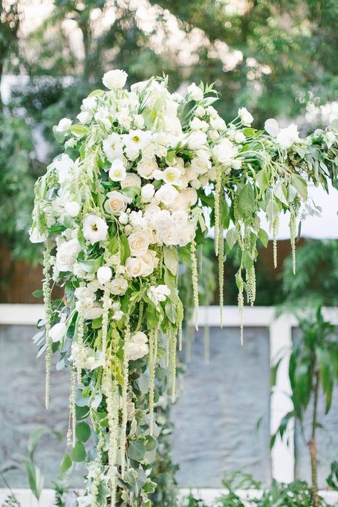 STUNNING white flowers and greenery covered the chuppah at this luxury Santa Monica wedding. Flowers by Lilla Bello Pergola Flowers, Chuppah Flowers, Wedding Chuppah, Wedding Flower Guide, Wedding Flower Girl Basket, Unique Wedding Flowers, Wedding Floral Centerpieces, Wedding Flowers Summer, Fall Wedding Bouquets