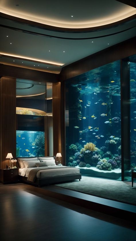 Bedroom Aquarium Design Luxury Aquariums Home, Bedroom Aquarium, Comfy Room Ideas, Underwater Room, Aquarium Architecture, Underwater House, Amazing Aquariums, Magical House, Home Aquarium