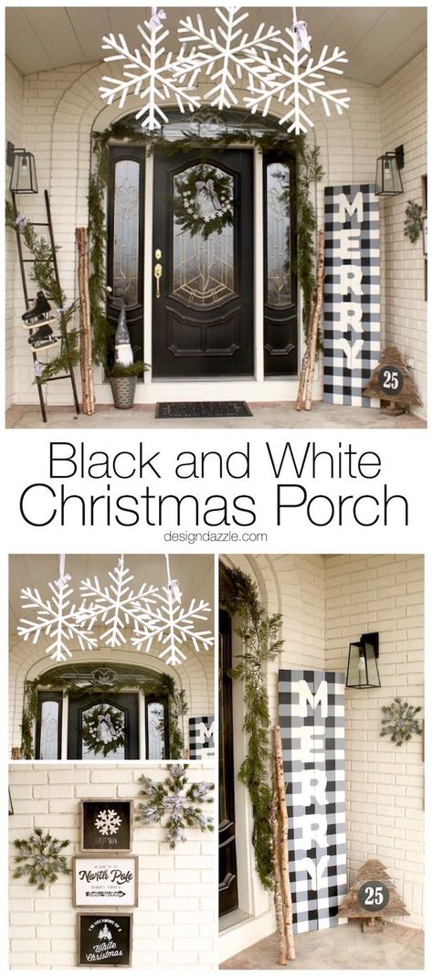 My black and white Christmas porch is a different twist on your typical Christmas porch decor and I think you'll love how it turned out! | Design Dazzle Christmas Porch Decorations, Outdoor Christmas Diy, Christmas Porch Decor Ideas, Black And White Christmas, Porch Decorations, Christmas Front Porch, Fun Christmas Decorations, Christmas Porch Decor, Diy Outdoor Decor