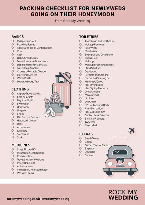 Your essential honeymoon packing checklist covering the basics, medicines and toiletries, clothing and extras | honeymoon checklist | downloadable PDF checklist | what to pack for your honeymoon Honeymoon Images, Honeymoon Checklist, Honeymoon Packing List, Honeymoon Packing, Airport Travel Outfits, Honeymoon Inspiration, Makeup List, Beach Honeymoon, Packing Checklist