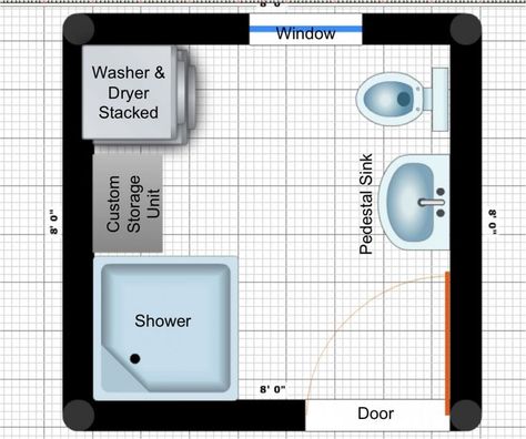 8 x 8 with washer dryer layout | Seven Oh Seven | Pinterest ... Bathroom Laundry Combo Floor Plans, Bathroom Laundry Room Combo, Laundry Bathroom Combo, Laundry Room Stackable, Small Bathroom Floor Plans, Small Bathroom Plans, Stackable Laundry, Laundry Room Storage Shelves, Small Laundry Room Organization